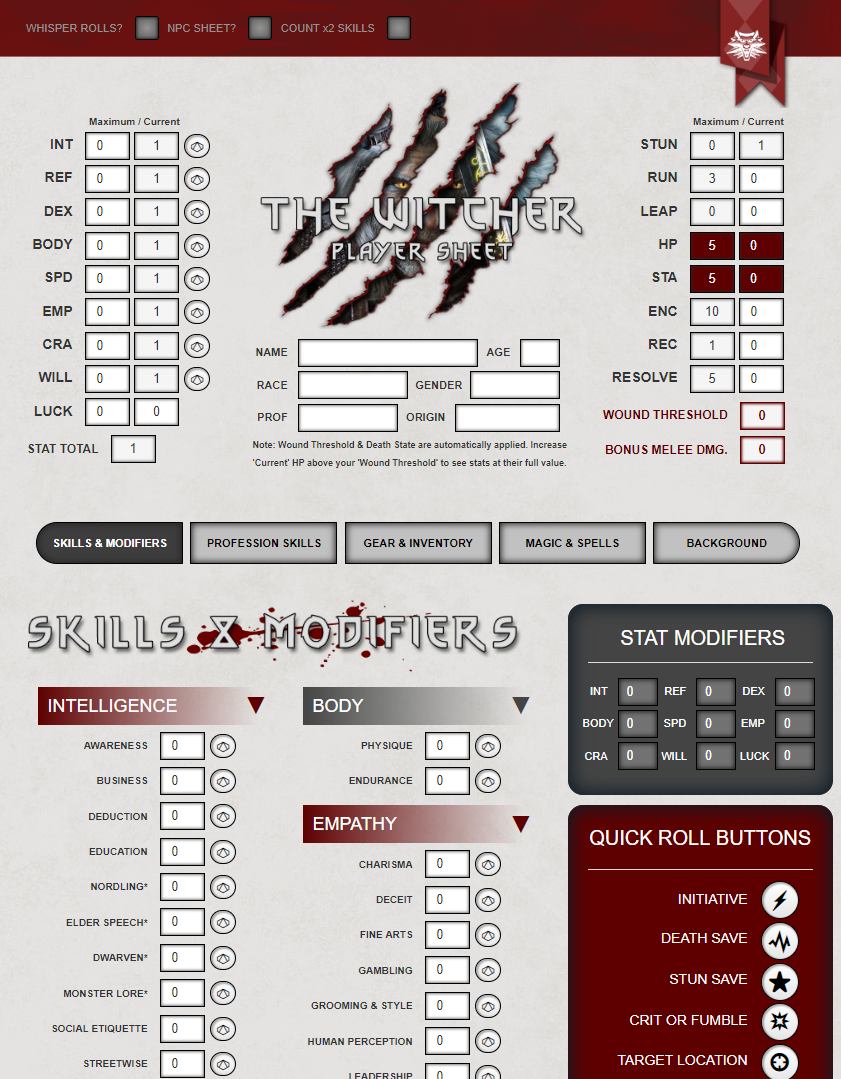 Community Forums Character Sheets For The Witcher Rpg That Work With The Vtt Roll Online Virtual Tabletop